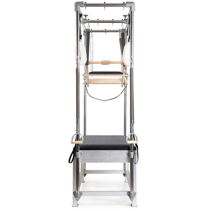 Elina Pilates Classic Aluminum Cadillac trapeze in black leather upholstery, front view with trapeze tower.