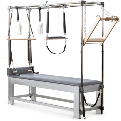 Elina Pilates Classic Aluminum Cadillac trapeze in grey leather upholstery, full view with trapeze tower.