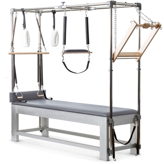 Elina Pilates Classic Aluminum Cadillac trapeze in grey leather upholstery, full view with trapeze tower.