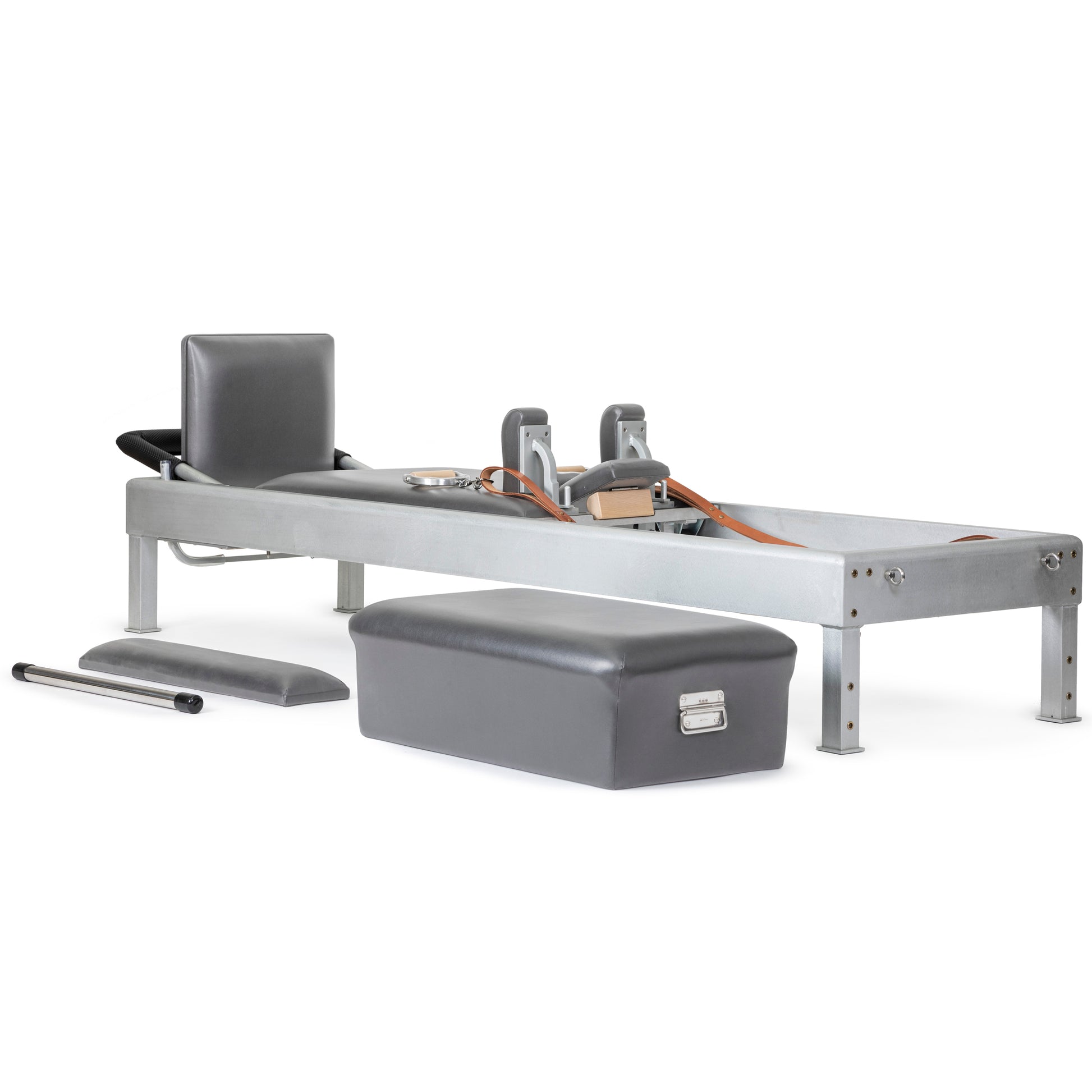 Included accessories for the Classic Aluminum Reformer—box, jumpboard, straps, handles, and springs.