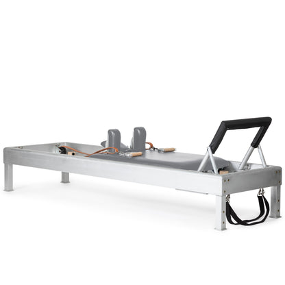 Full view of the Elina Pilates Classic Aluminum Reformer 86″ with leather upholstery and aluminum frame.