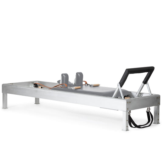 Full view of the Elina Pilates Classic Aluminum Reformer 86″ with leather upholstery and aluminum frame.