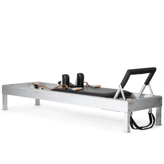 Full view of the Elina Pilates Classic Aluminum Reformer 86″ with leather upholstery and aluminum frame.