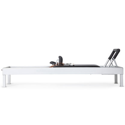Side profile showcasing smooth carriage and stylish aluminum build of the Elina Pilates Classic Reformer.