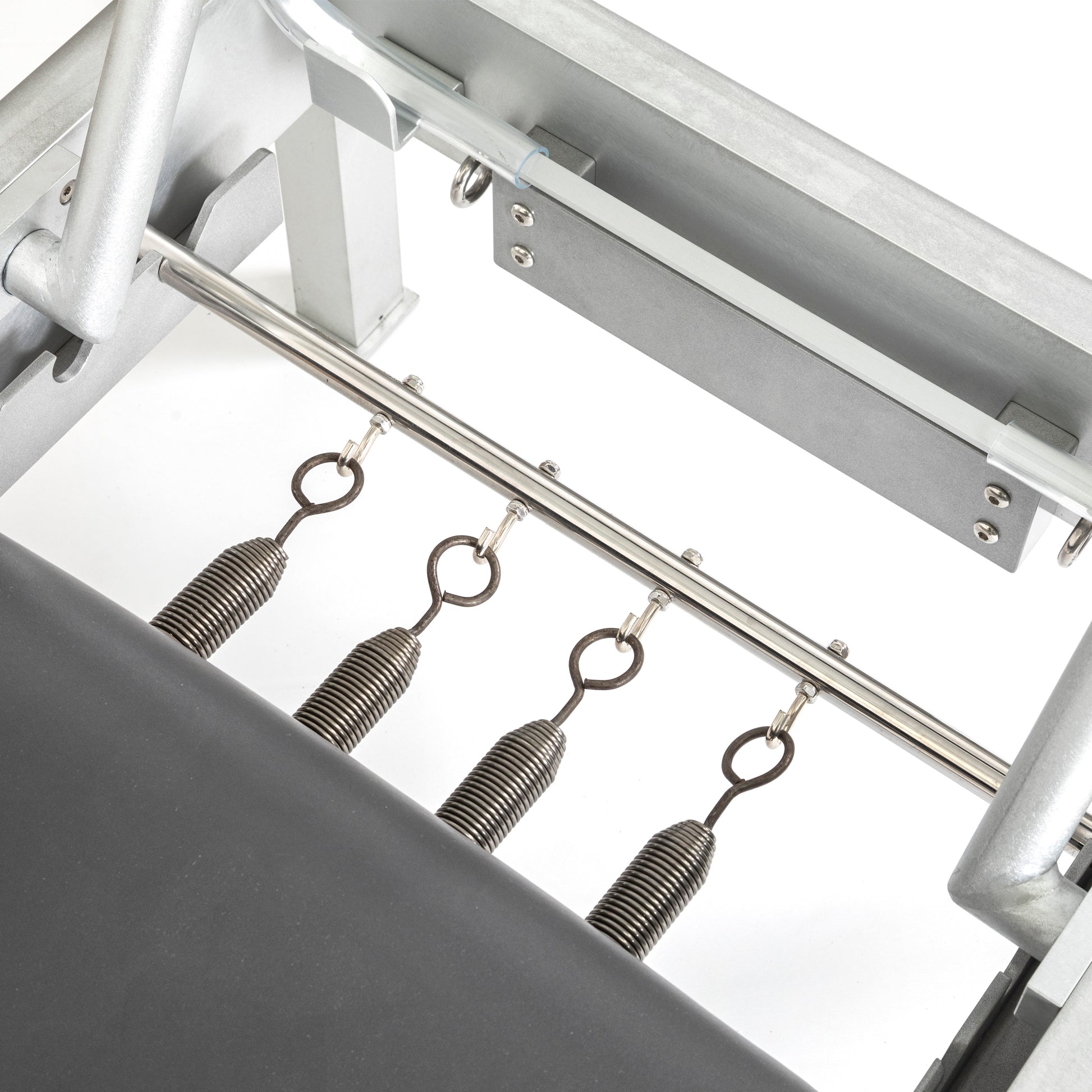 Detailed view of the resistance springs on the Elina Pilates Classic Aluminum Reformer