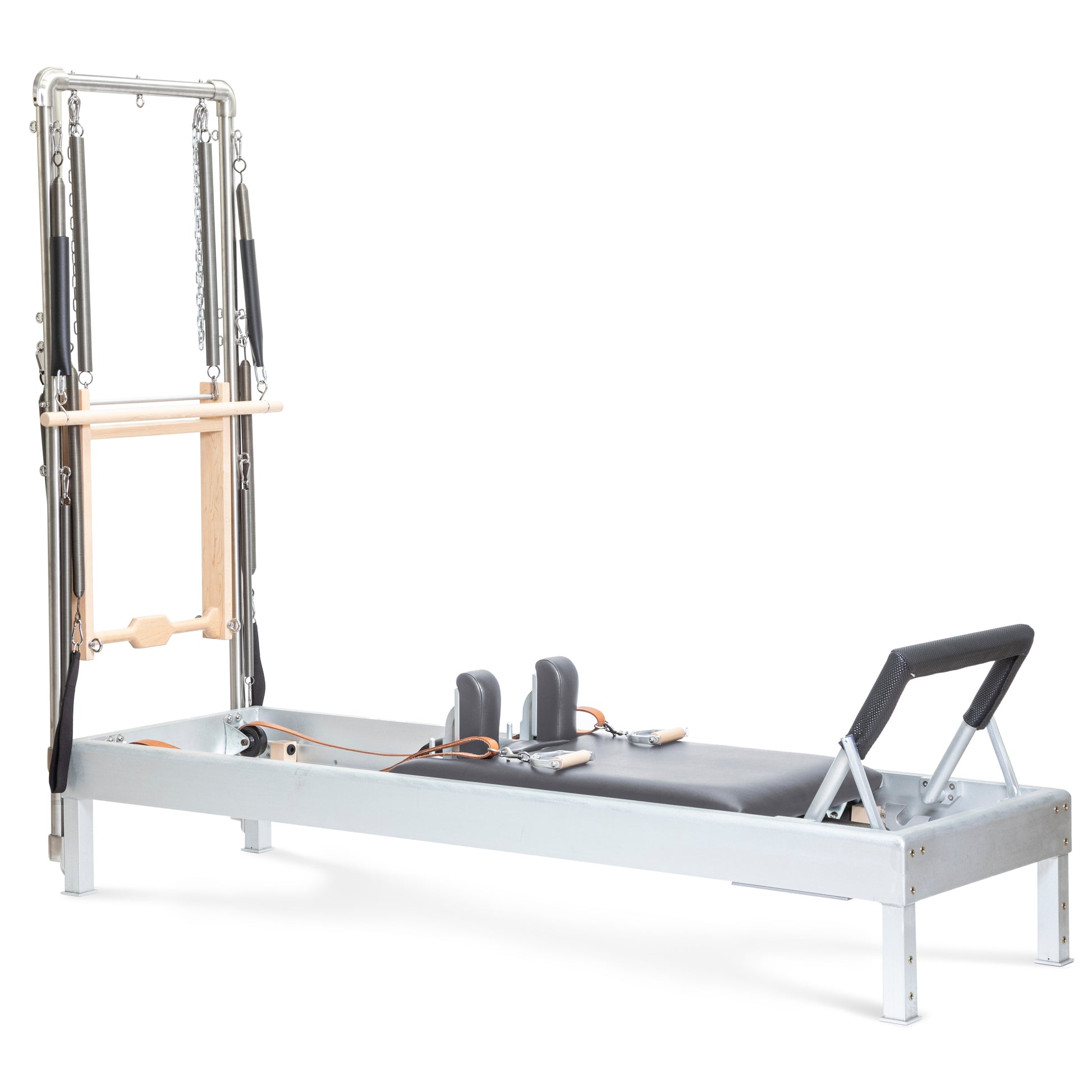 Elina Pilates Classic Aluminum Reformer 86″ with integrated tower, polished aluminum and grey upholstery, front view.