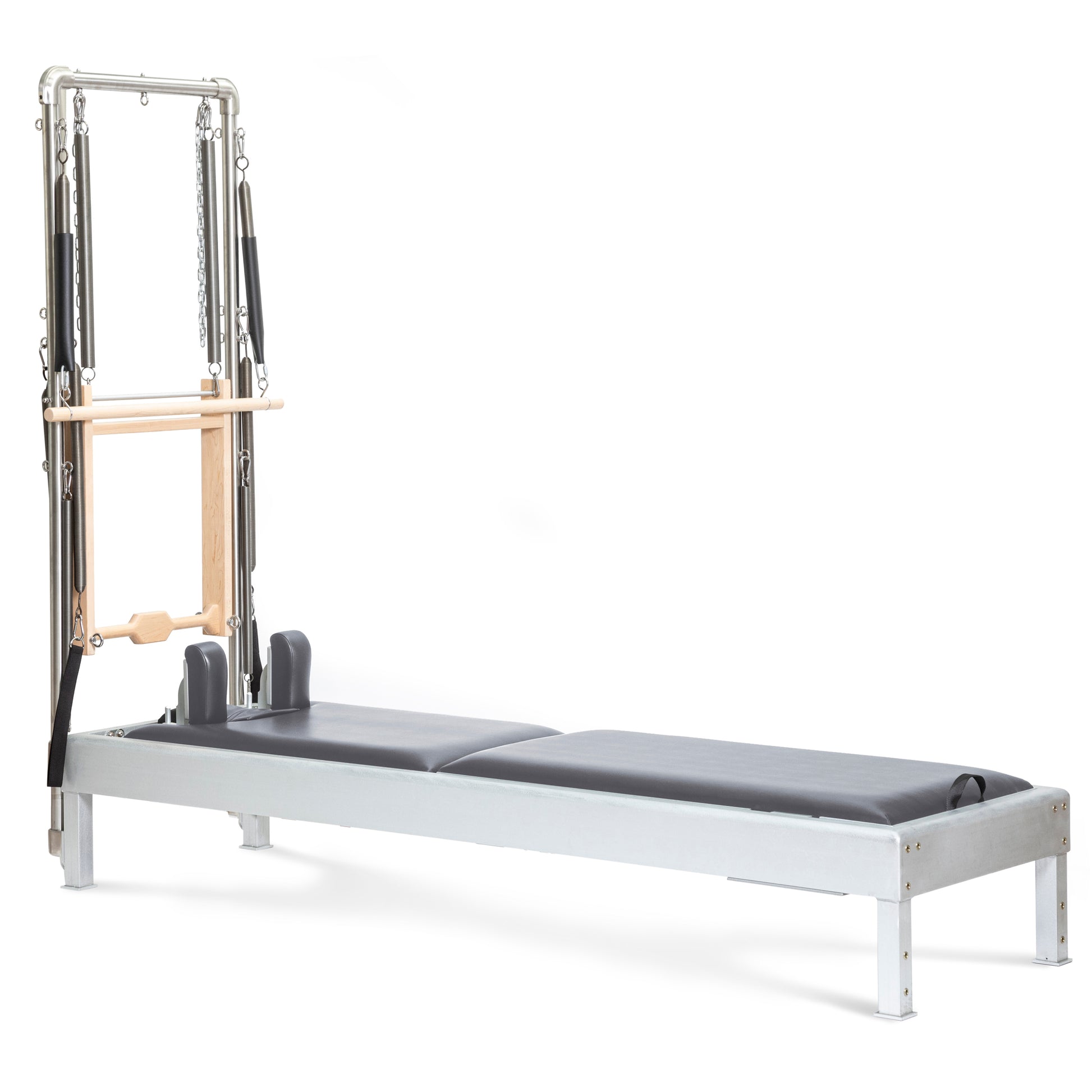 Elina Pilates Classic Aluminum Reformer 86″ with integrated tower, polished aluminum and grey upholstery, front view.