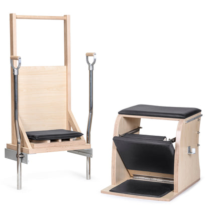 Elina Pilates Combination Wunda/Electric Chair with Backrest in Black — full front view showcasing maple frame, padded seat, and side handles.