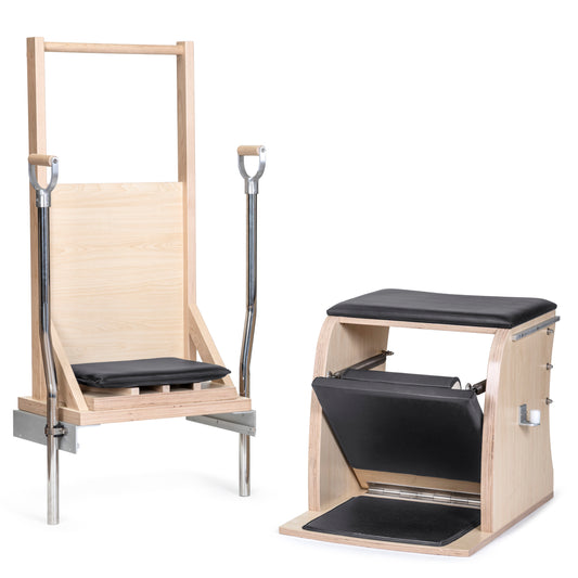 Elina Pilates Combination Wunda/Electric Chair with Backrest in Black — full front view showcasing maple frame, padded seat, and side handles.