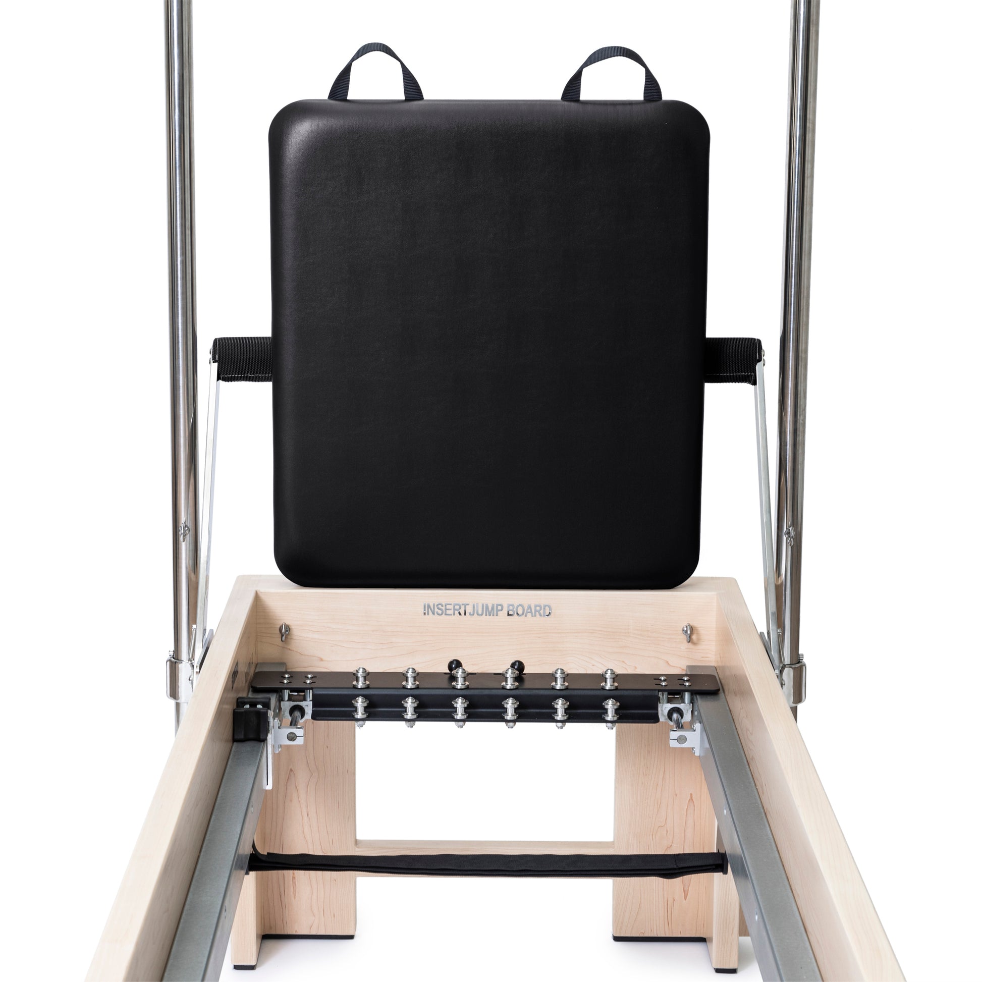 Multiplacement footbar and padded jump board details on Elina Pilates Elite Cadillac Reformer