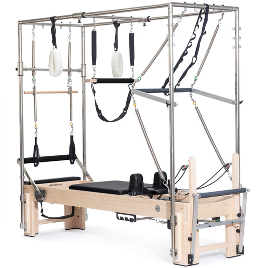 Full view of Elina Pilates Elite Cadillac Reformer in black upholstery showcasing Cadillac and Reformer combo