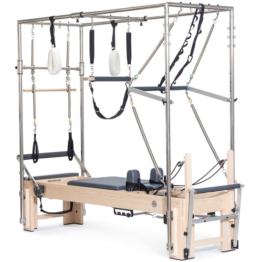 Full view of Elina Pilates Elite Cadillac Reformer in grey upholstery showcasing Cadillac and Reformer combo