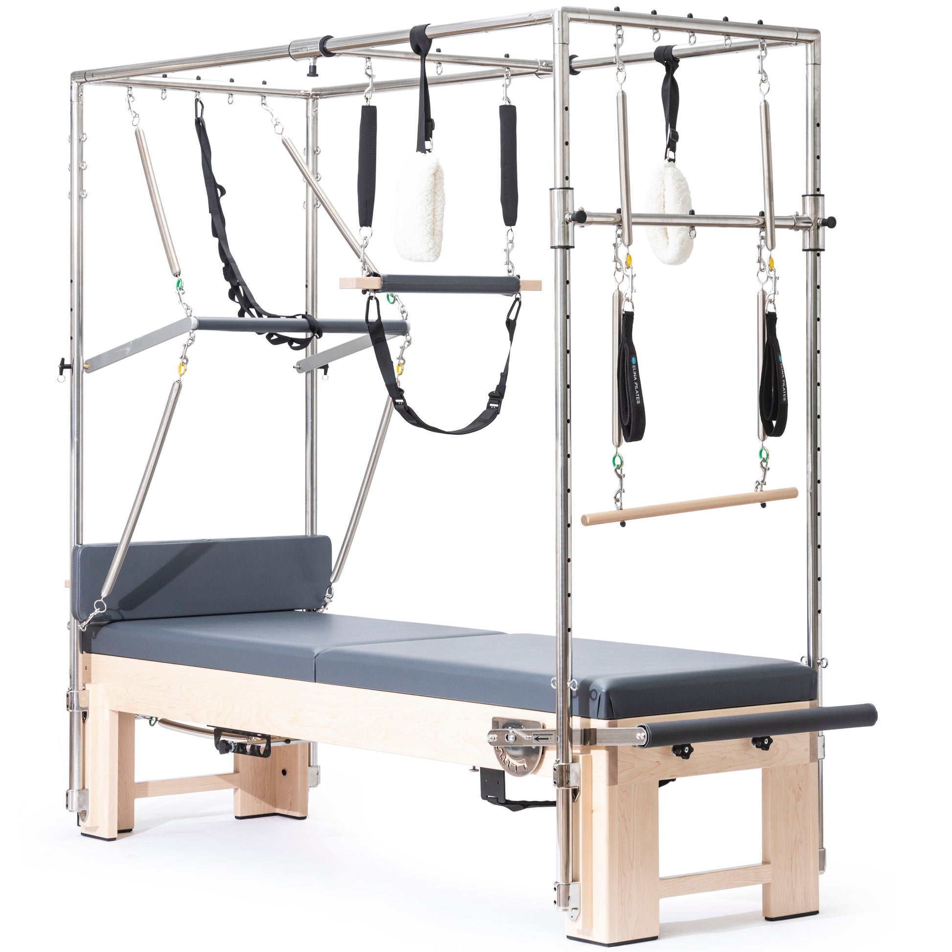 Stainless steel trapeze tower with padded trapeze bar and pulleys on the Elina Pilates Cadillac Reformer