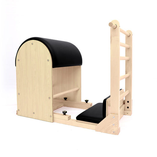 Full view of the Elina Pilates Elite Ladder Barrel with wooden base in black upholstery