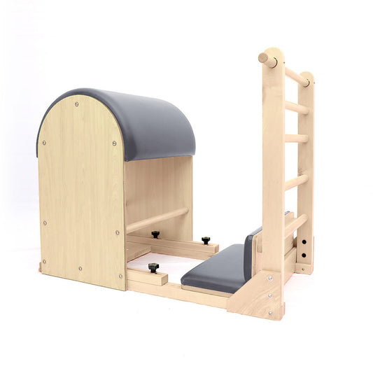 Full view of the Elina Pilates Elite Ladder Barrel with wooden base in grey upholstery