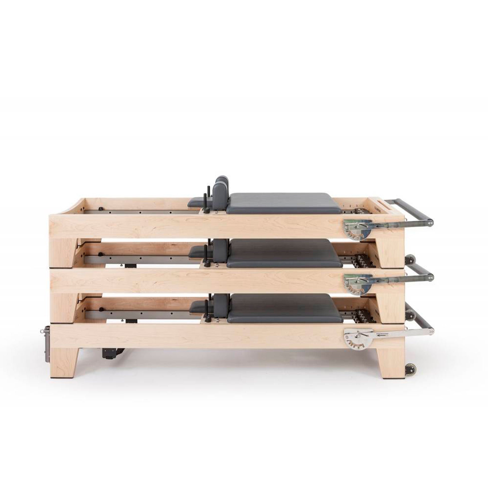 Demonstration of Elite Wood Reformer with Tower in stackable, wheeled configuration for compact storage