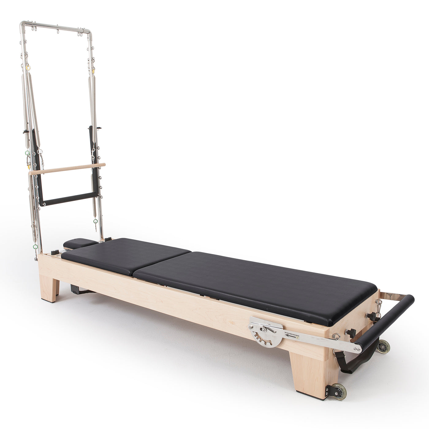Full view of Elina Pilates Elite Wood Reformer with Tower, black upholstery in studio setting