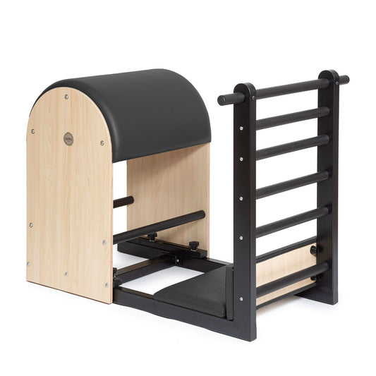 Full view of Elina Pilates Elite Steel Base Ladder Barrel with black upholstery and steel-rung ladder