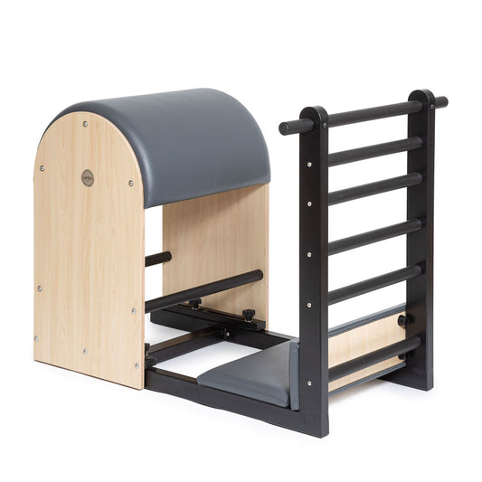 Full view of Elina Pilates Elite Steel Base Ladder Barrel with grey upholstery and steel-rung ladder
