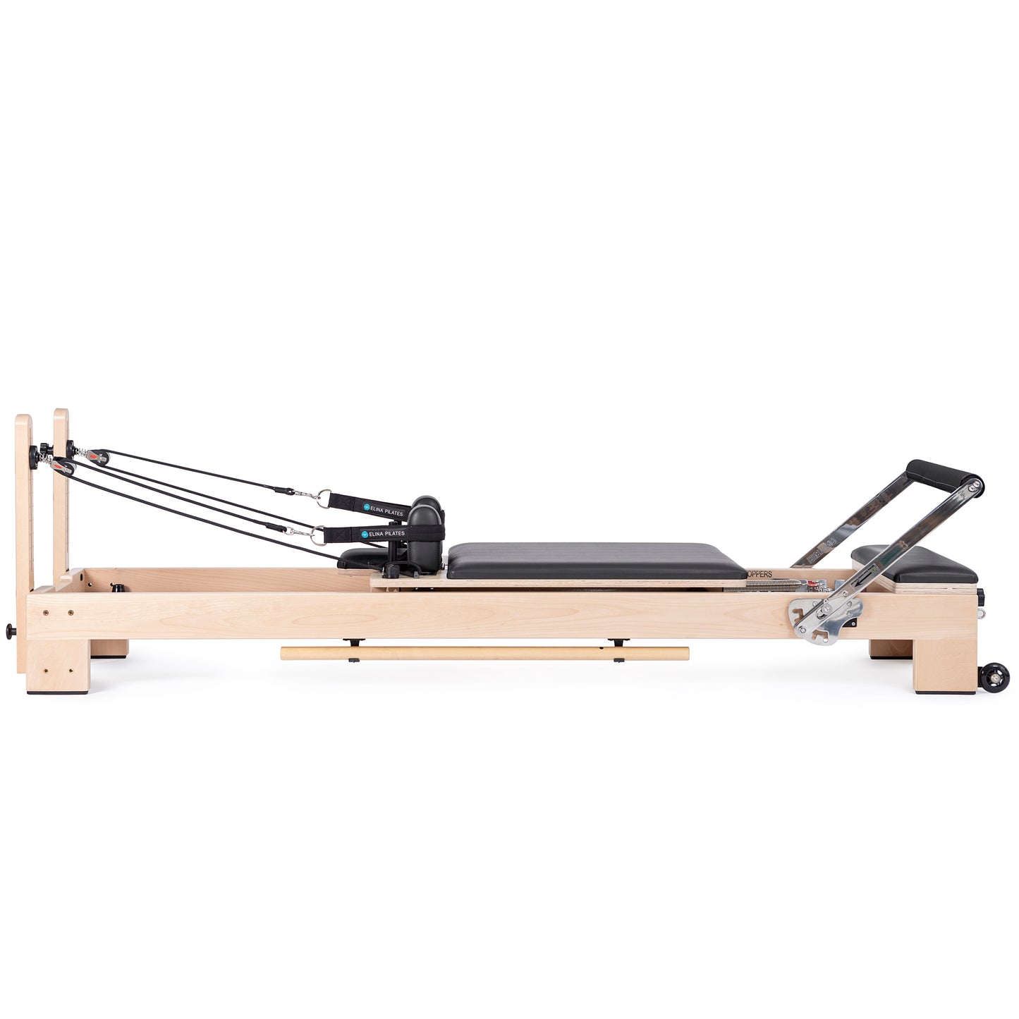 Side view of the Elina Pilates Wooden Reformer Lignum™ Bundle with beechwood frame and accessories