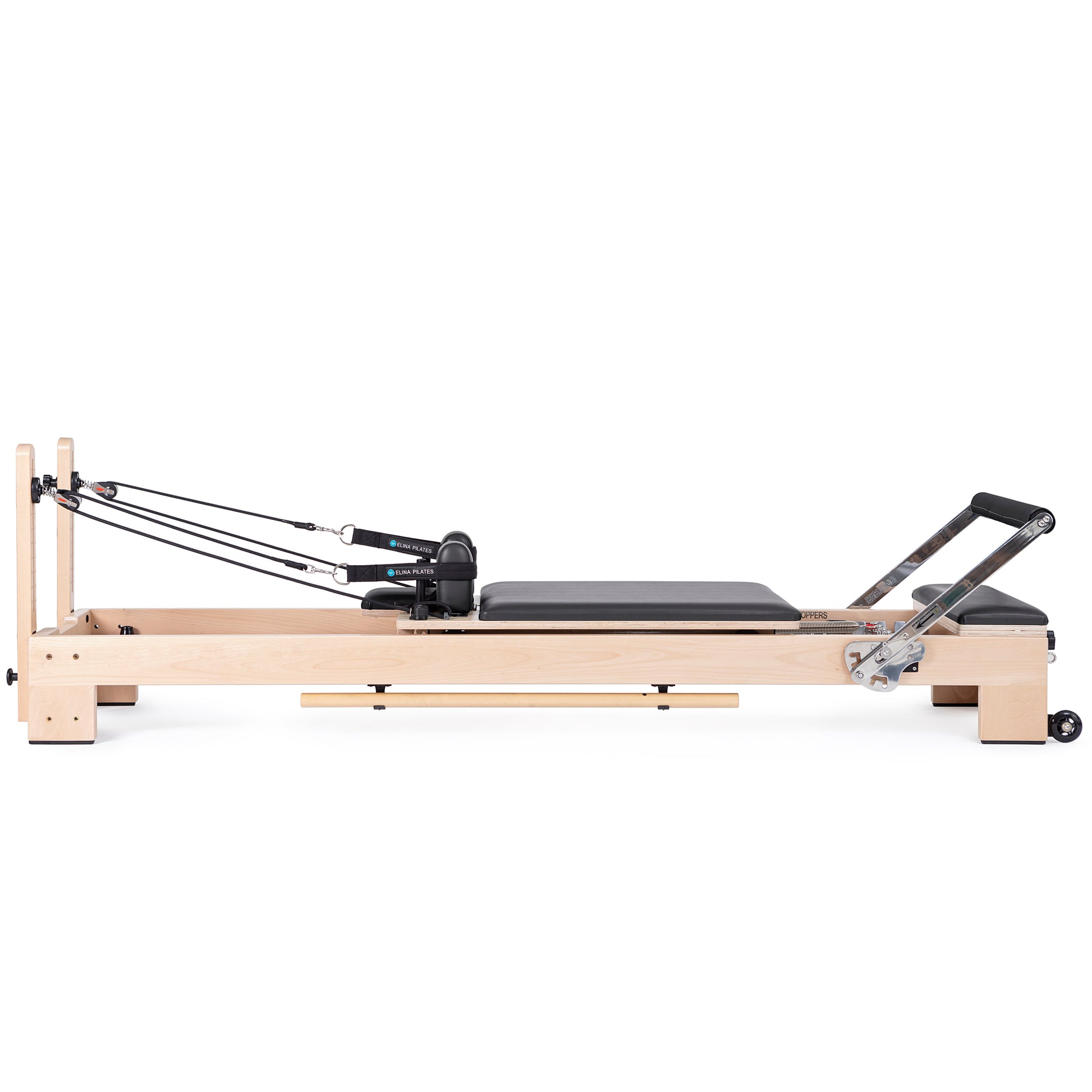 Side view of the Elina Pilates Wooden Reformer Lignum™ Bundle with beechwood frame and accessories
