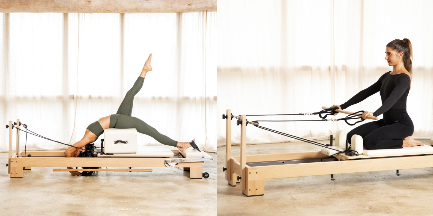Pilates instructor performing controlled exercises on the Elina Pilates Wooden Reformer Lignum™ with natural beechwood frame
