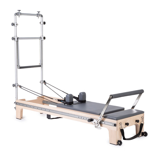 Full view of Elina Pilates Master Instructor™ Reformer with Tower in grey upholstery