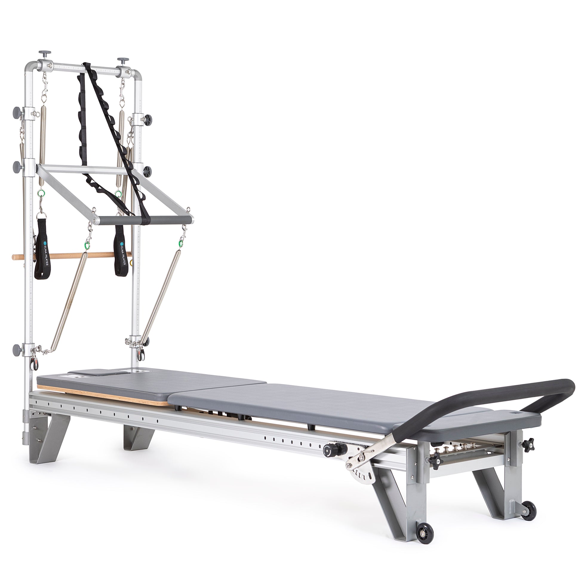Full view of the Elina Pilates Mentor Reformer with Full Tower in grey upholstery