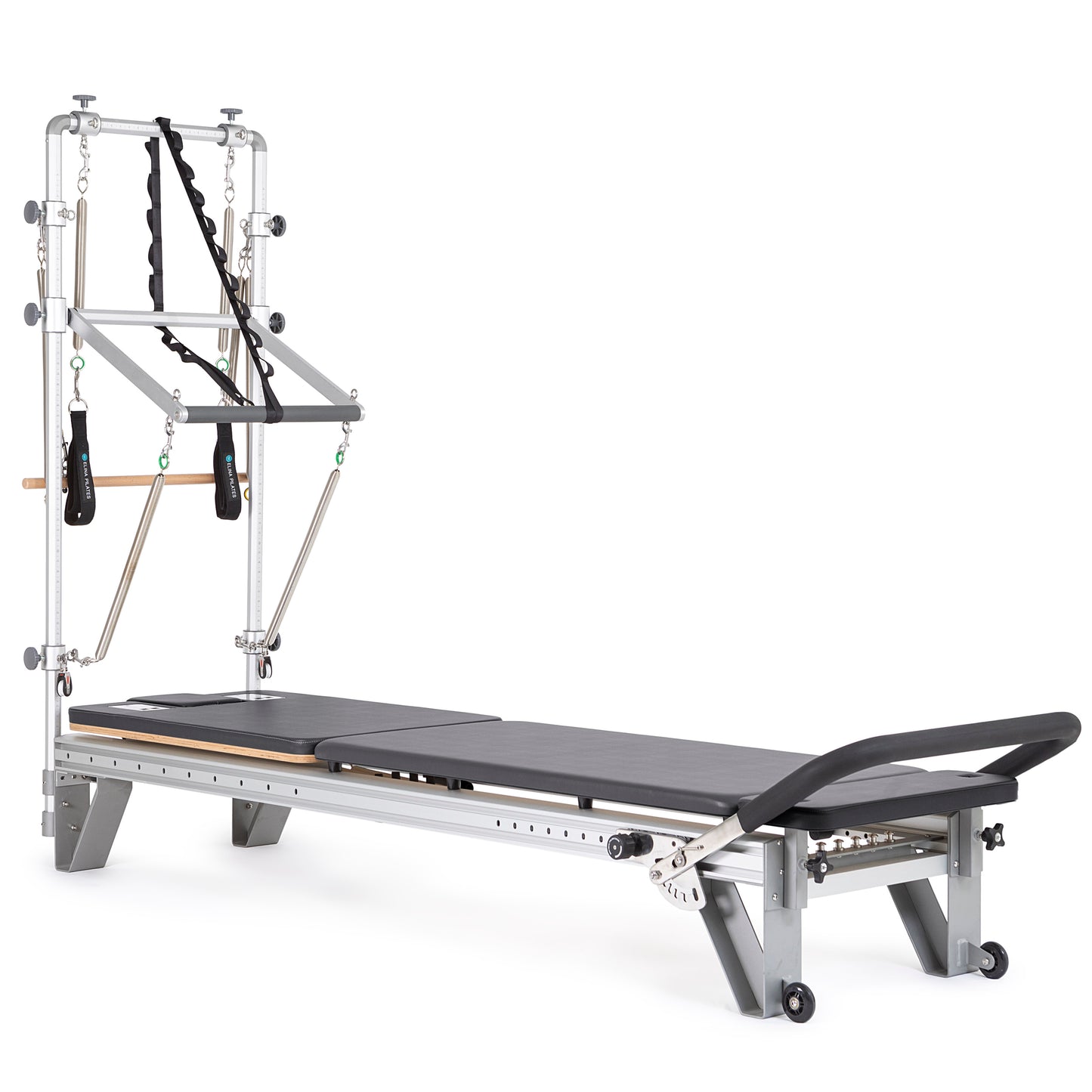 Full view of the Elina Pilates Mentor Reformer with Full Tower in black upholstery