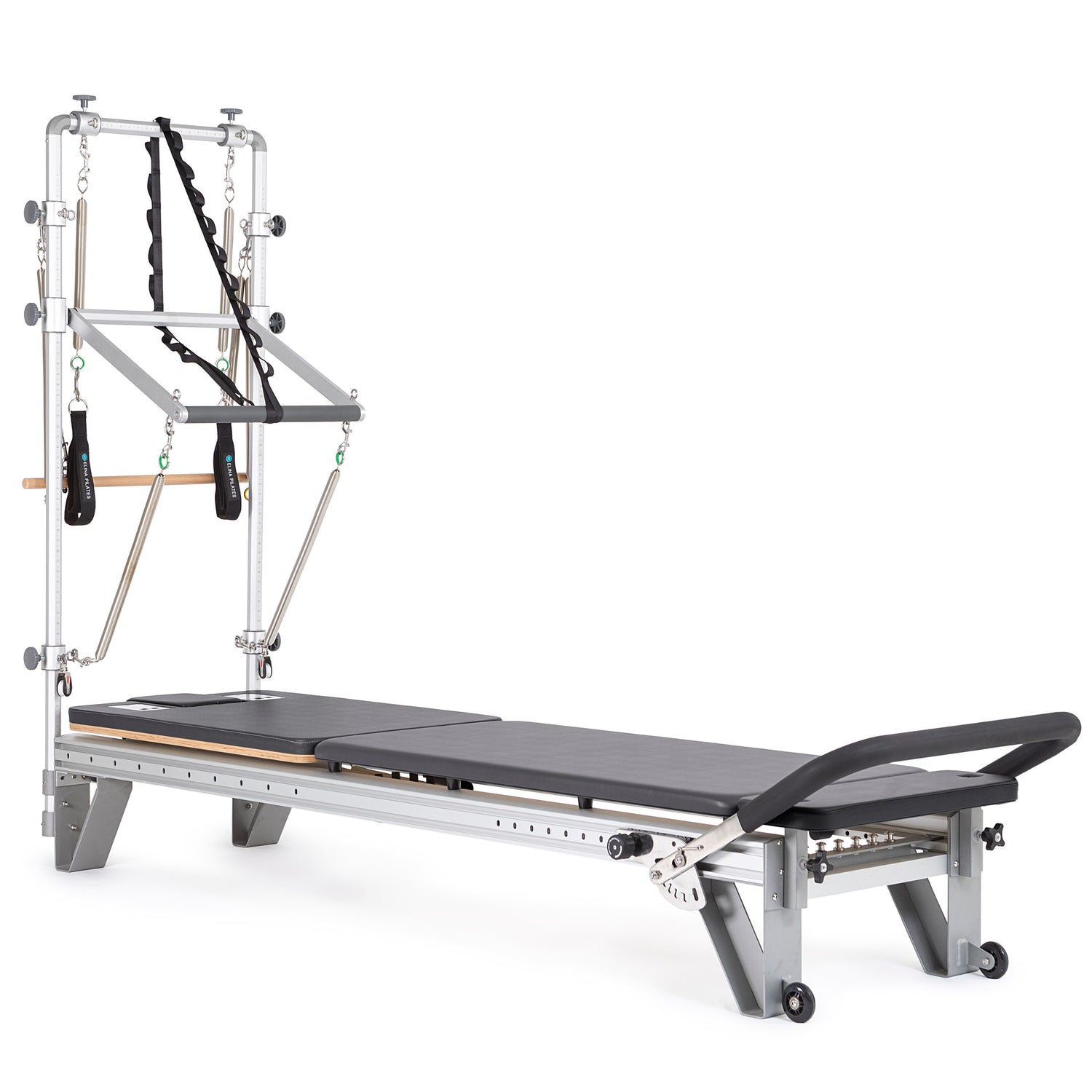 Full view of the Elina Pilates Mentor Reformer with Full Tower in black upholstery