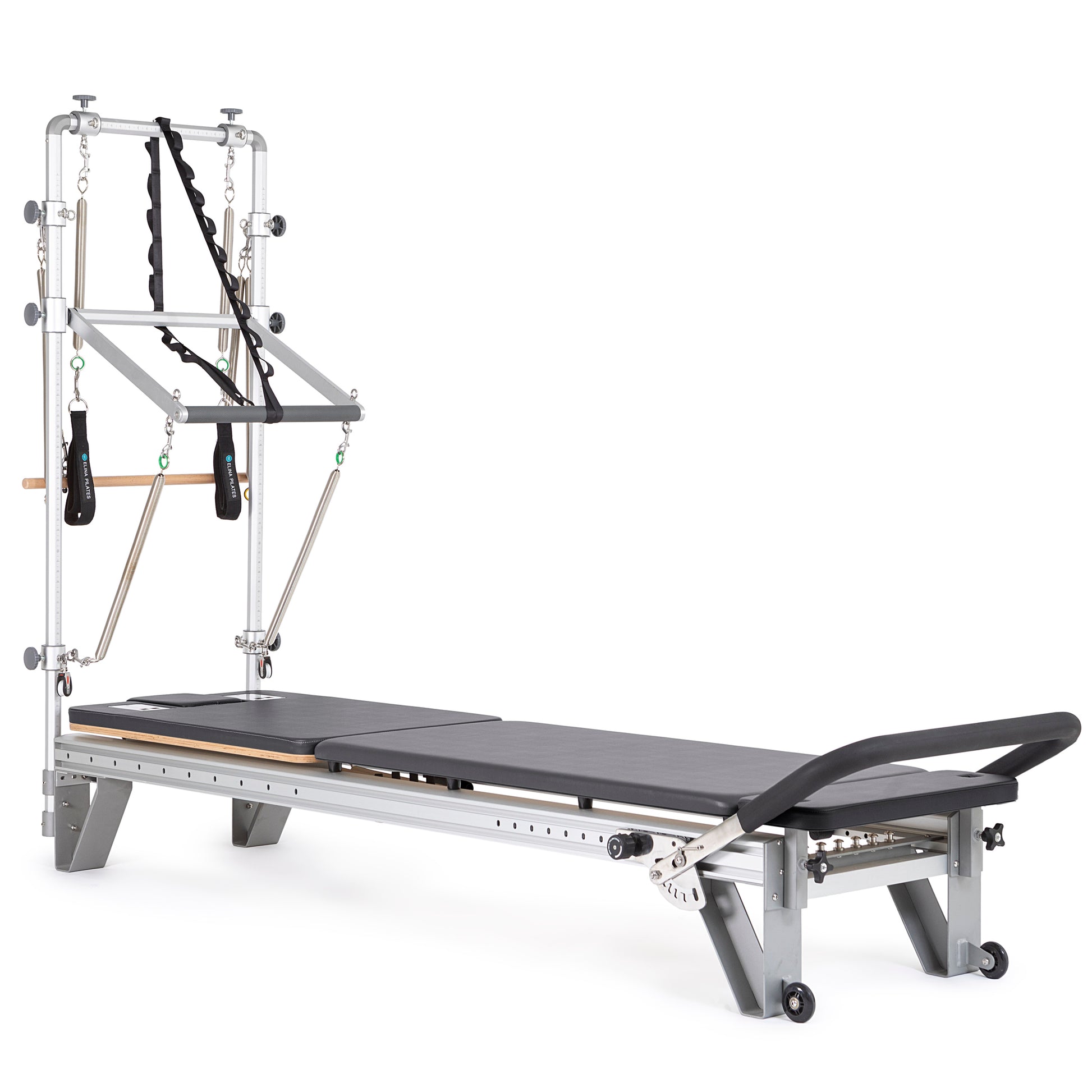Full view of the Elina Pilates Mentor Reformer with Full Tower in black upholstery