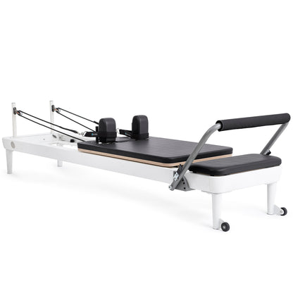 Full view of the Elina Pilates Nubium Reformer showcasing the sleek aluminum frame and black upholstery