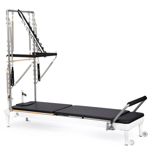 Elina Pilates Nubium™ Reformer with Tower Bundle in Black — full front view showing sleek black aluminum frame and vertical storage design