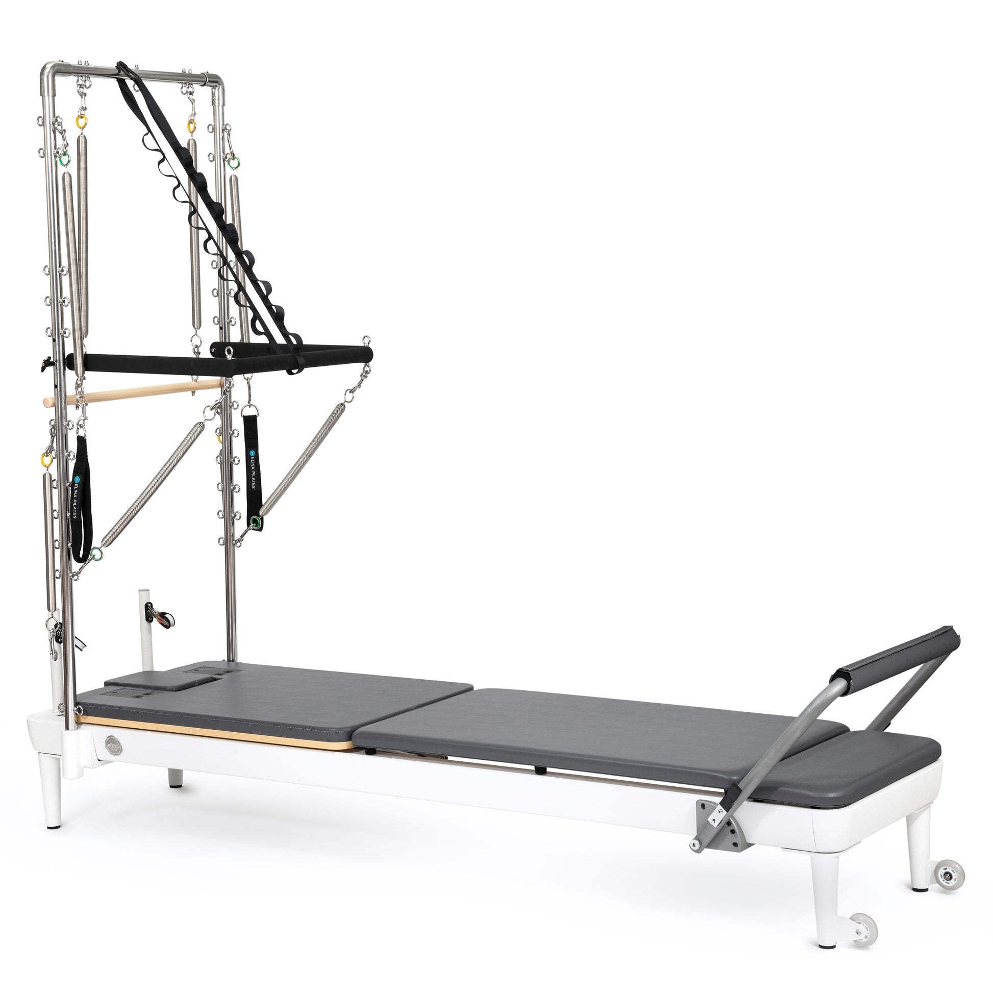Elina Pilates Nubium™ Reformer with Tower Bundle in Grey — full front view showing sleek black aluminum frame and vertical storage design