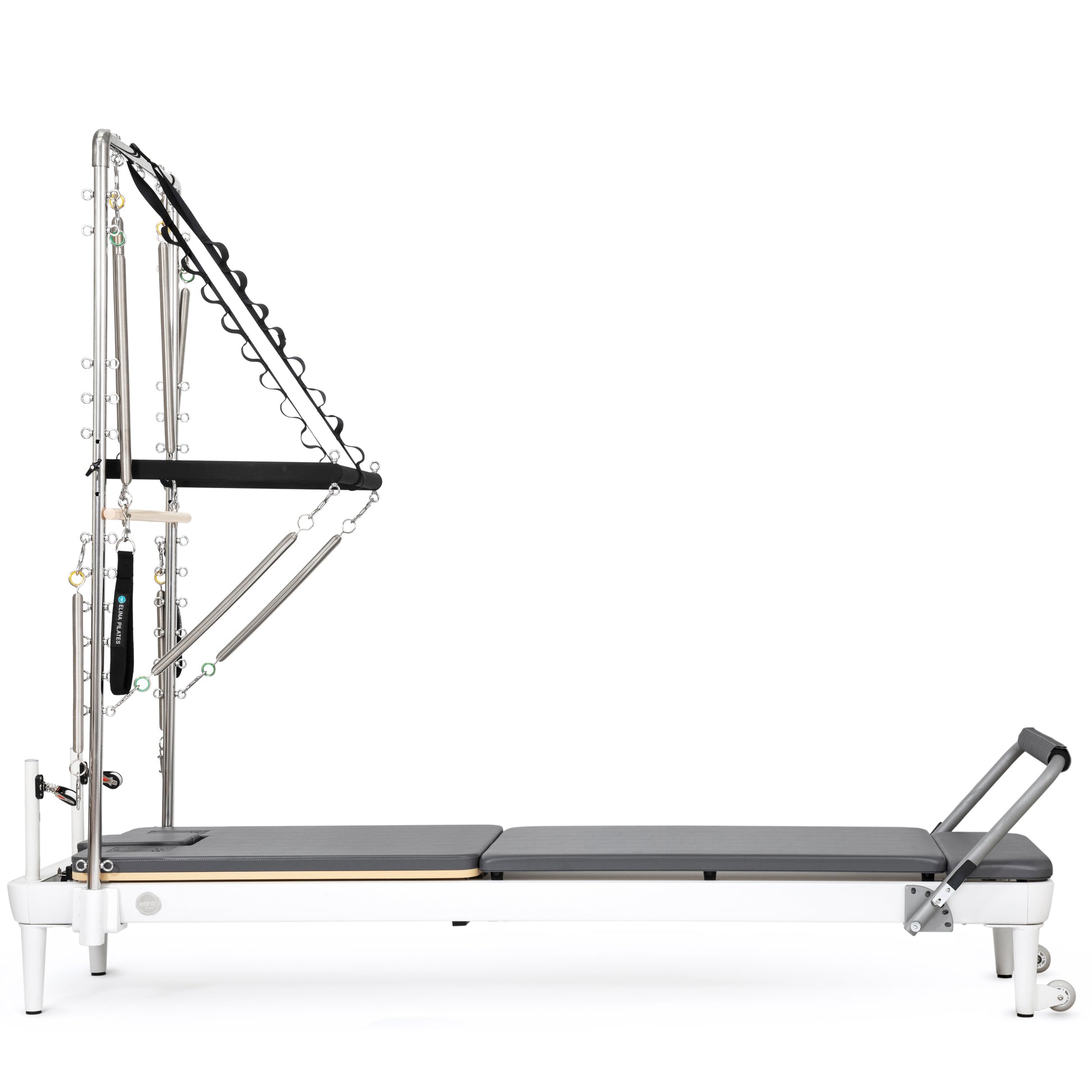 Elina Pilates Nubium™ Reformer with Tower Bundle in Grey — full side view showing sleek black aluminum frame and vertical storage design