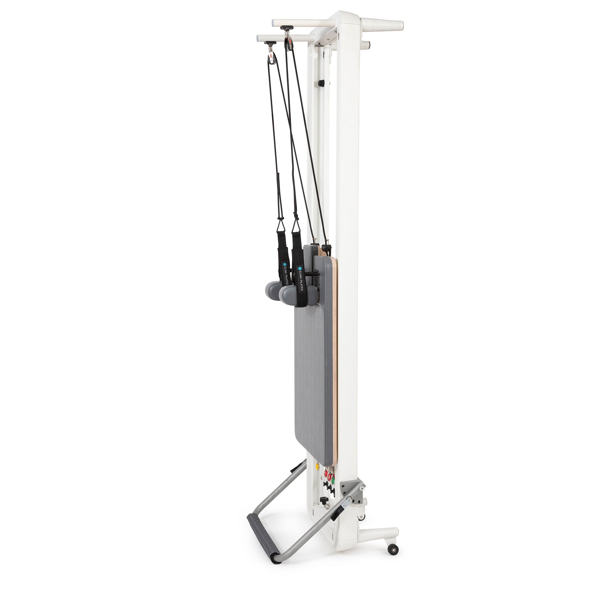 Elina Pilates Nubium Reformer shown stored vertically to save space in a modern Pilates studio