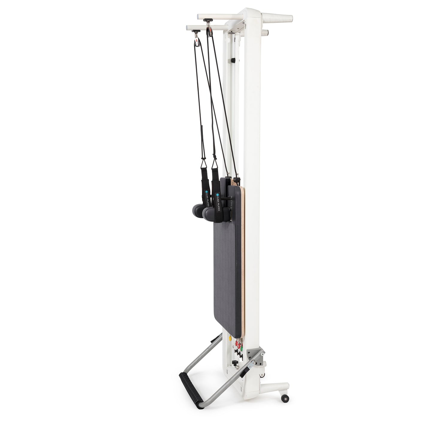 Elina Pilates Nubium Reformer shown stored vertically to save space in a modern Pilates studio