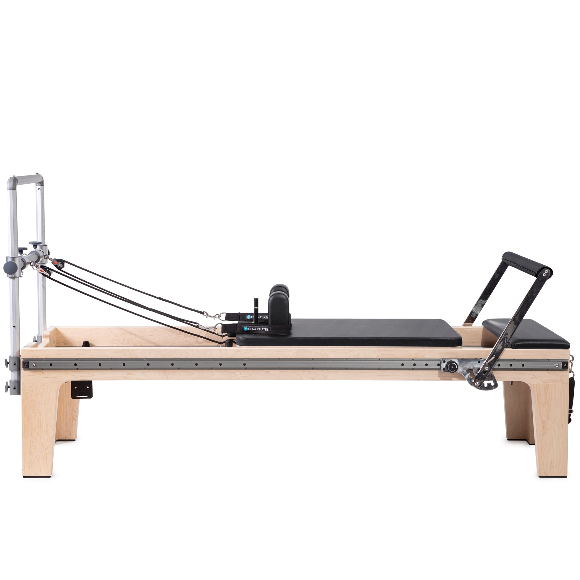 Side view of Elina Pilates Physio Reformer Master Instructor™ with Mini‑Tower in black upholstery