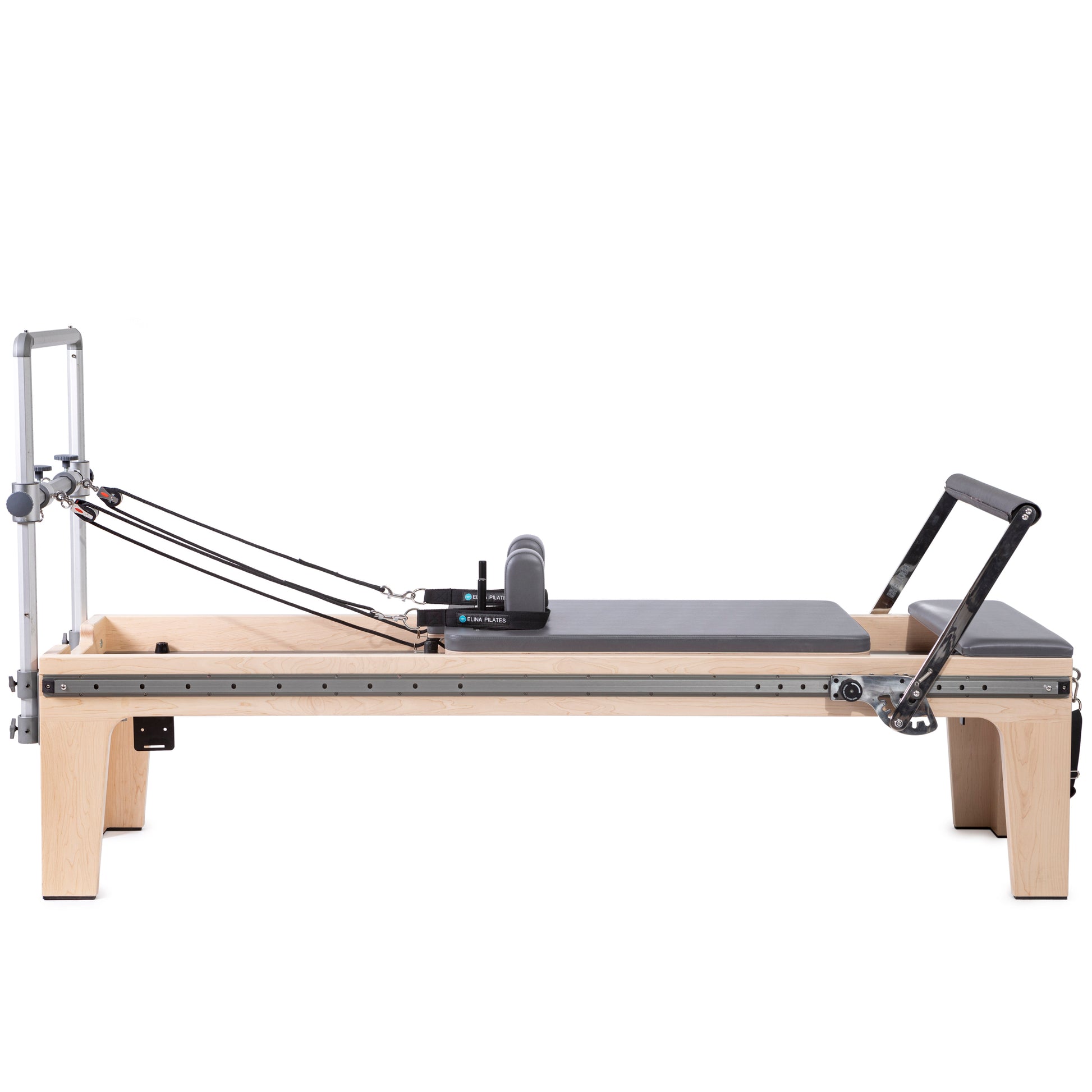 Side view of Elina Pilates Physio Reformer Master Instructor™ with Mini‑Tower in grey upholstery