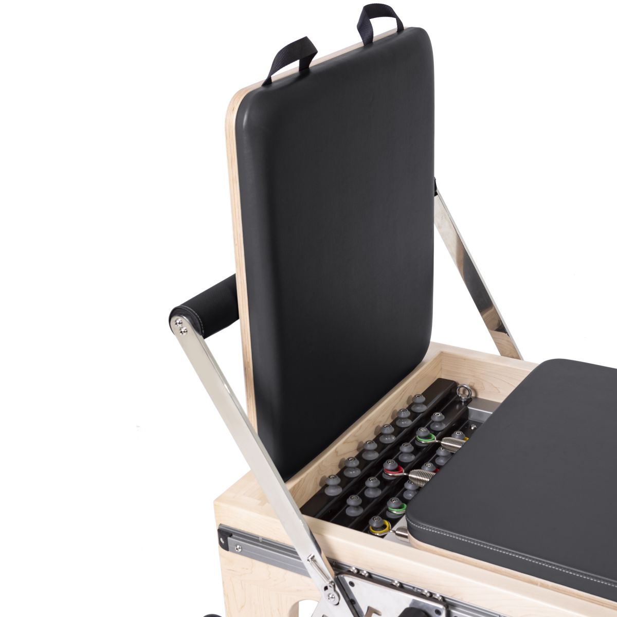 Adjustable quick-release footbar on the Elina Pilates Physio Reformer Master Instructor with Tower in black upholstery