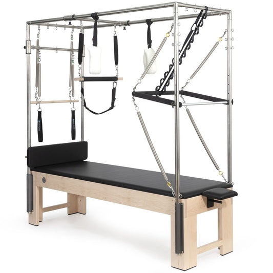 Front view of Elina Pilates Cadillac Trapeze Table with black leather upholstery and maple wood frame