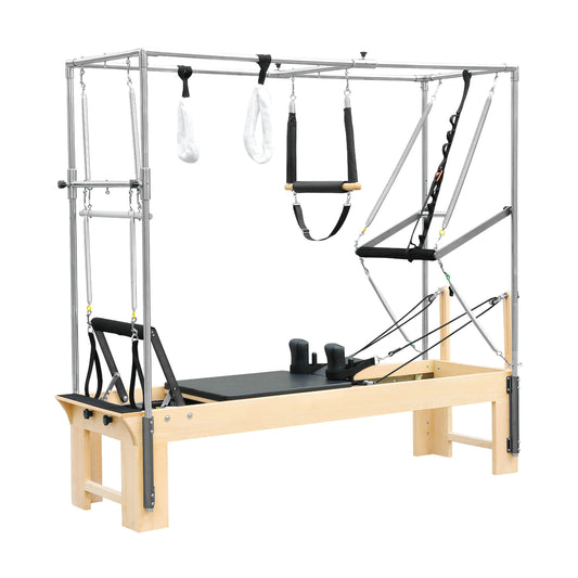 Full view of the Elina Pilates Cadillac Reformer showing complete frame, trapeze, and tower