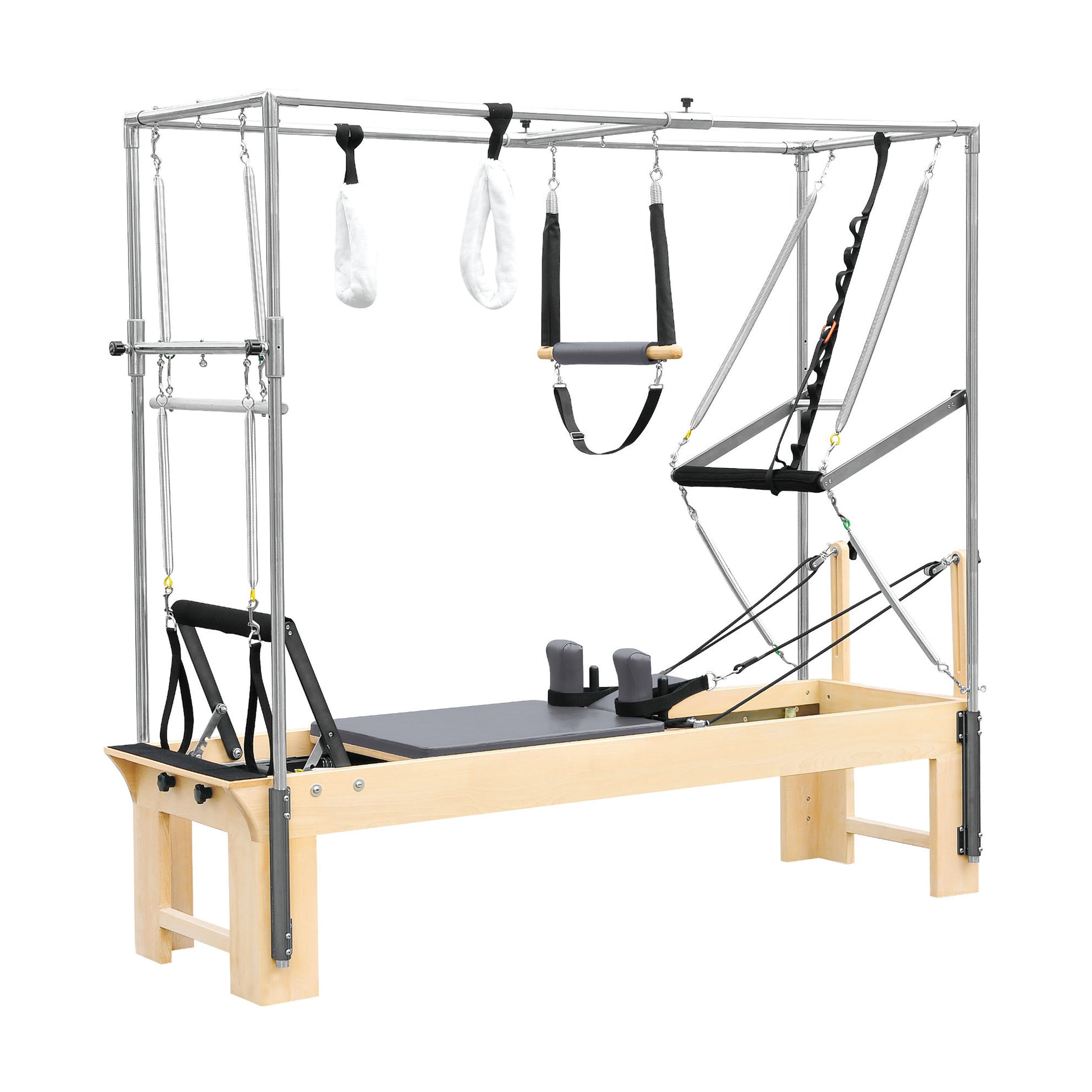 Full view of the Elina Pilates Cadillac Reformer showing complete frame, trapeze, and tower