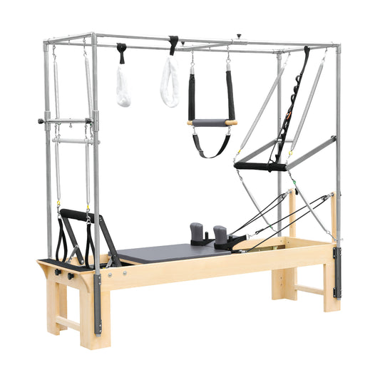Full view of the Elina Pilates Cadillac Reformer showing complete frame, trapeze, and tower