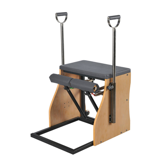 Front view of Elina Pilates Combo Chair with dual pedals and sleek wooden frame