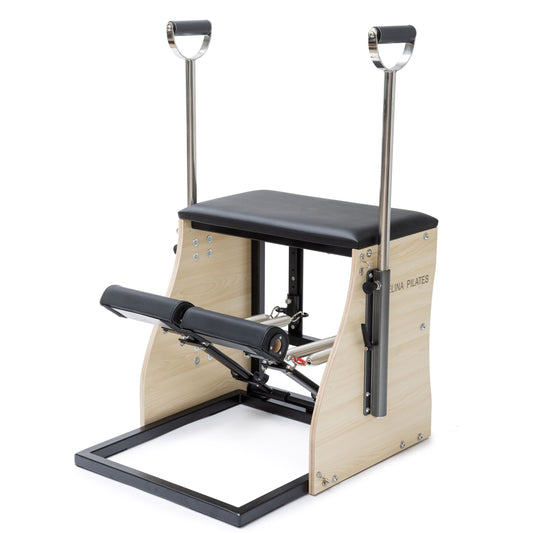 Front view of Elina Pilates Combo Chair with dual pedals and sleek wooden frame