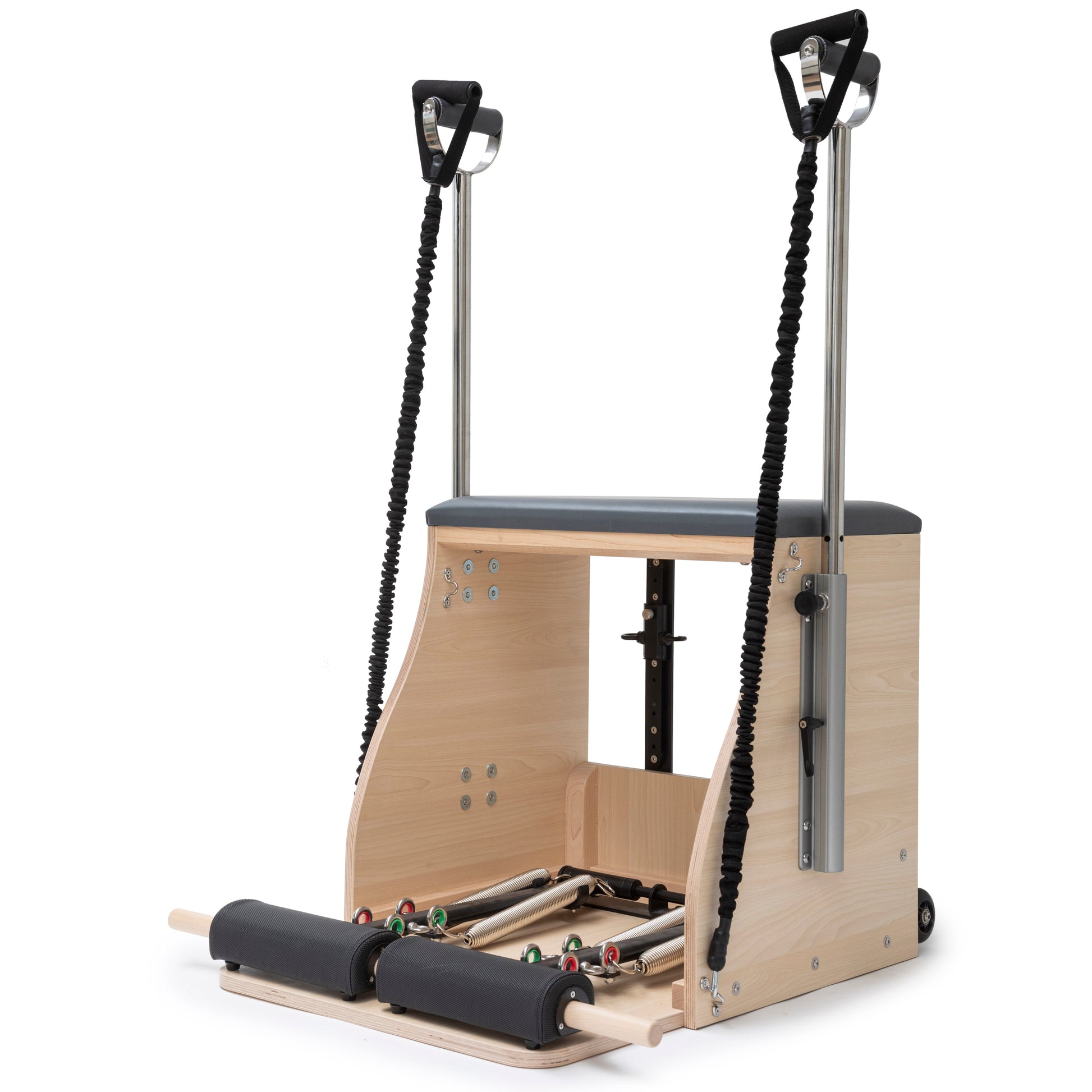Elina Pilates Elite Wood Combo Chair with handles in side view.