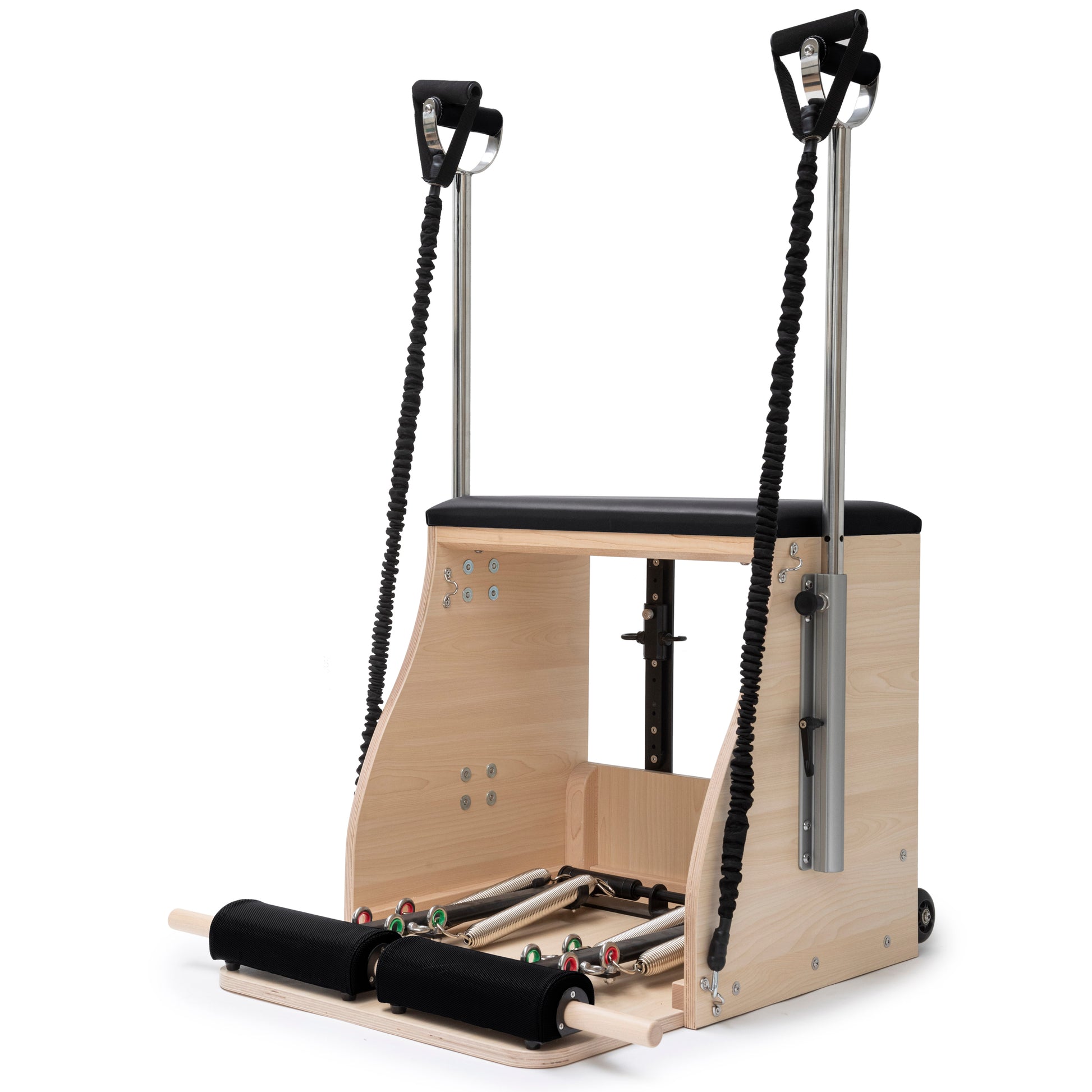 Elina Pilates Elite Wood Combo Chair with handles in side view.