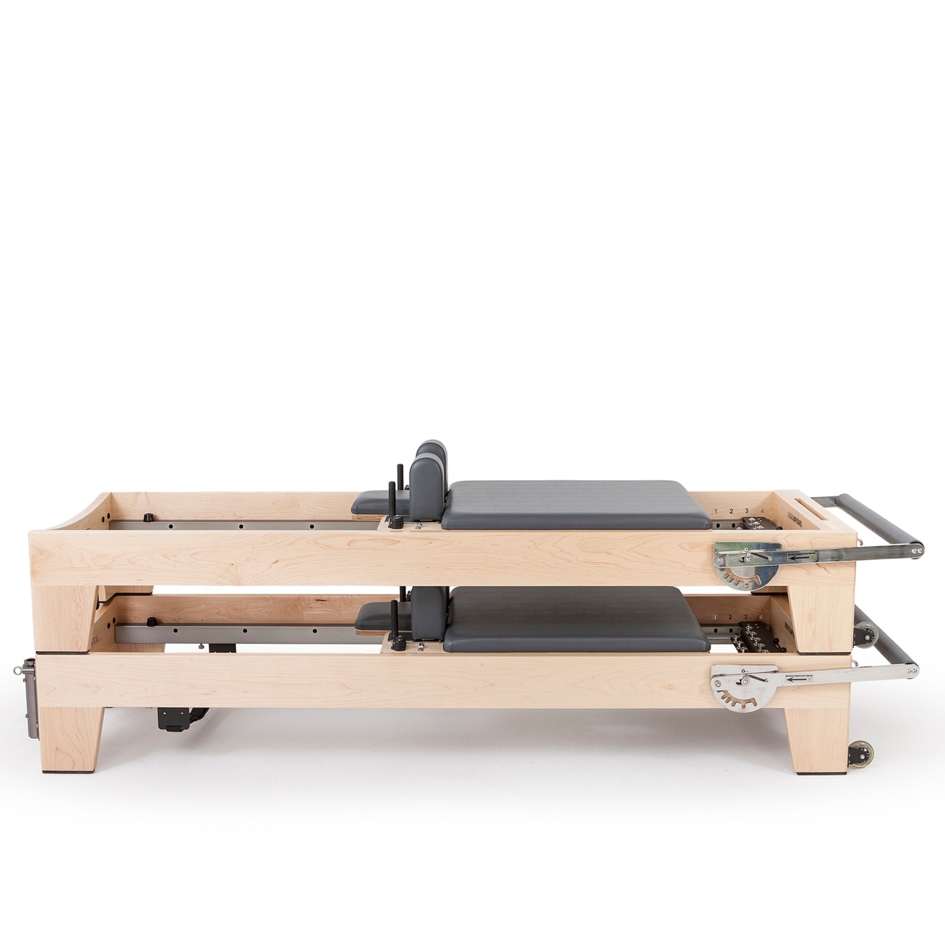 Demonstration of Elite Wood Reformer with Tower in stackable, wheeled configuration for compact storage