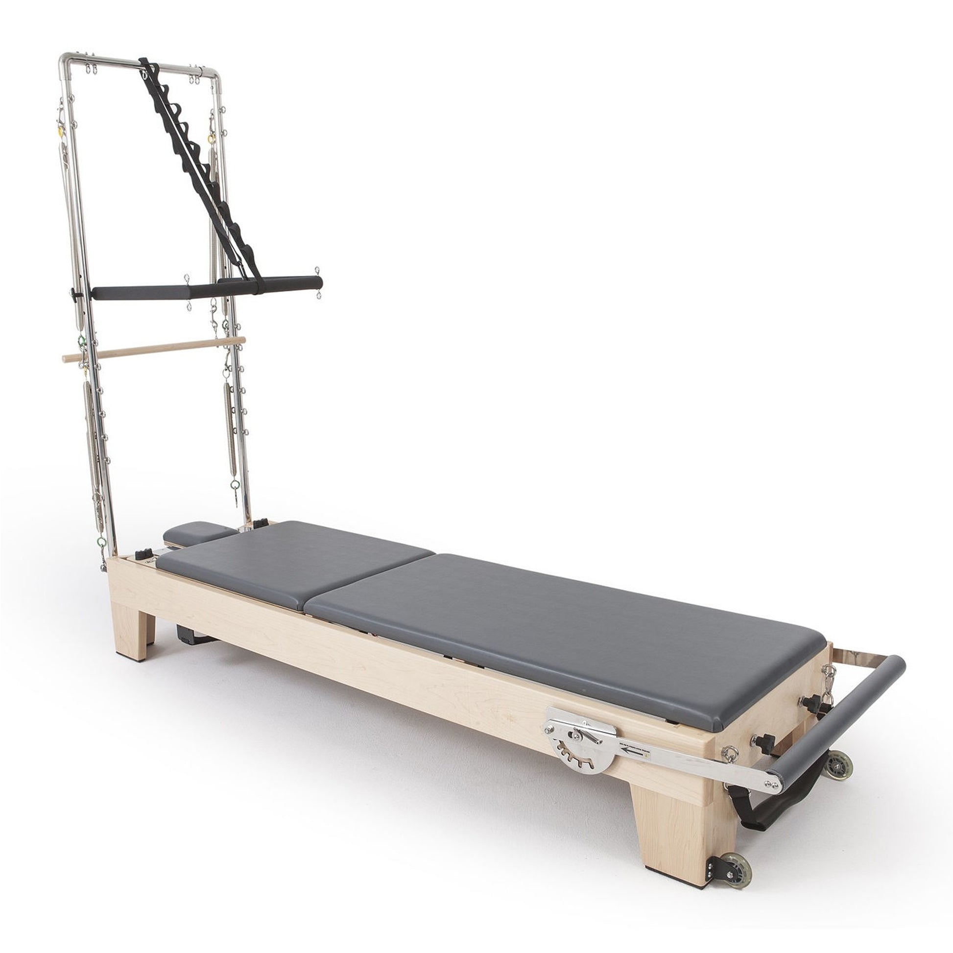 Full view of Elina Pilates Elite Wood Reformer with Tower, grey upholstery in studio setting